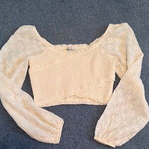 American Eagle Cream Long Sleeve Smocked Crop Top